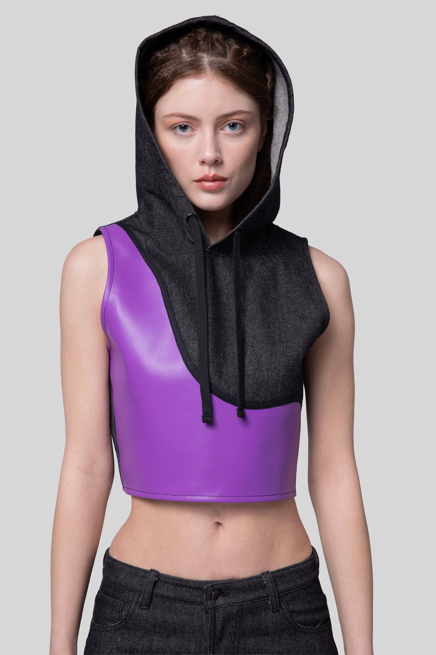[card:women-primary][card:all-primary] Front portrait of Venom hood in carbon raw denim with deep lavender AppleSkin panel and hood