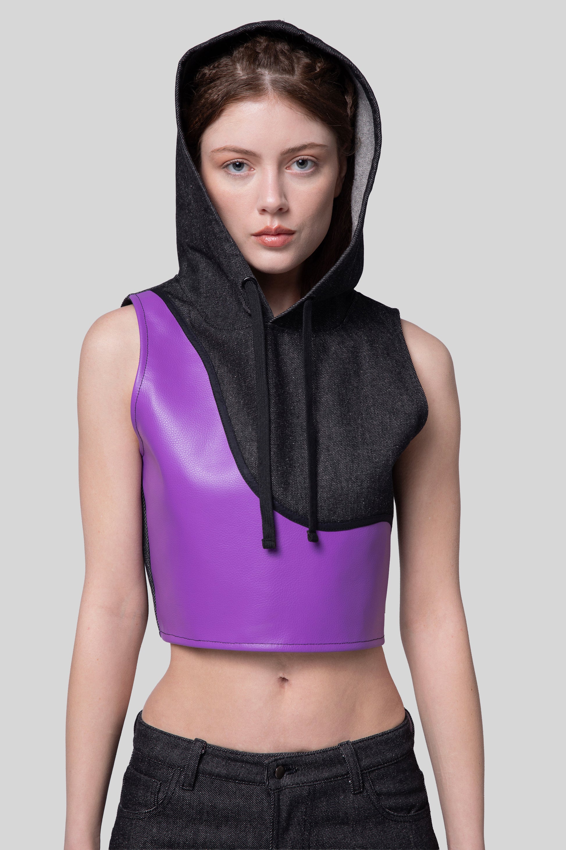 [card:women-primary][card:all-primary] Front portrait of Venom hood in carbon raw denim with deep lavender AppleSkin panel and hood