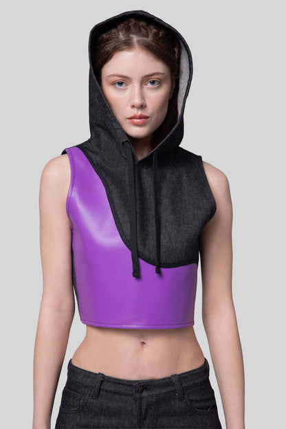 [card:women-primary][card:all-primary] Front portrait of Venom hood in carbon raw denim with deep lavender AppleSkin panel and hood