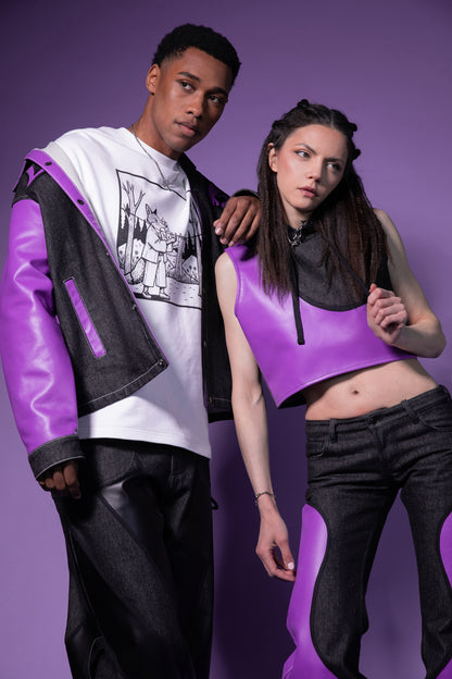 Model wearing 4NML Venom hood in carbon Candiani raw denim with deep lavender AppleSkin panel, campaign styling