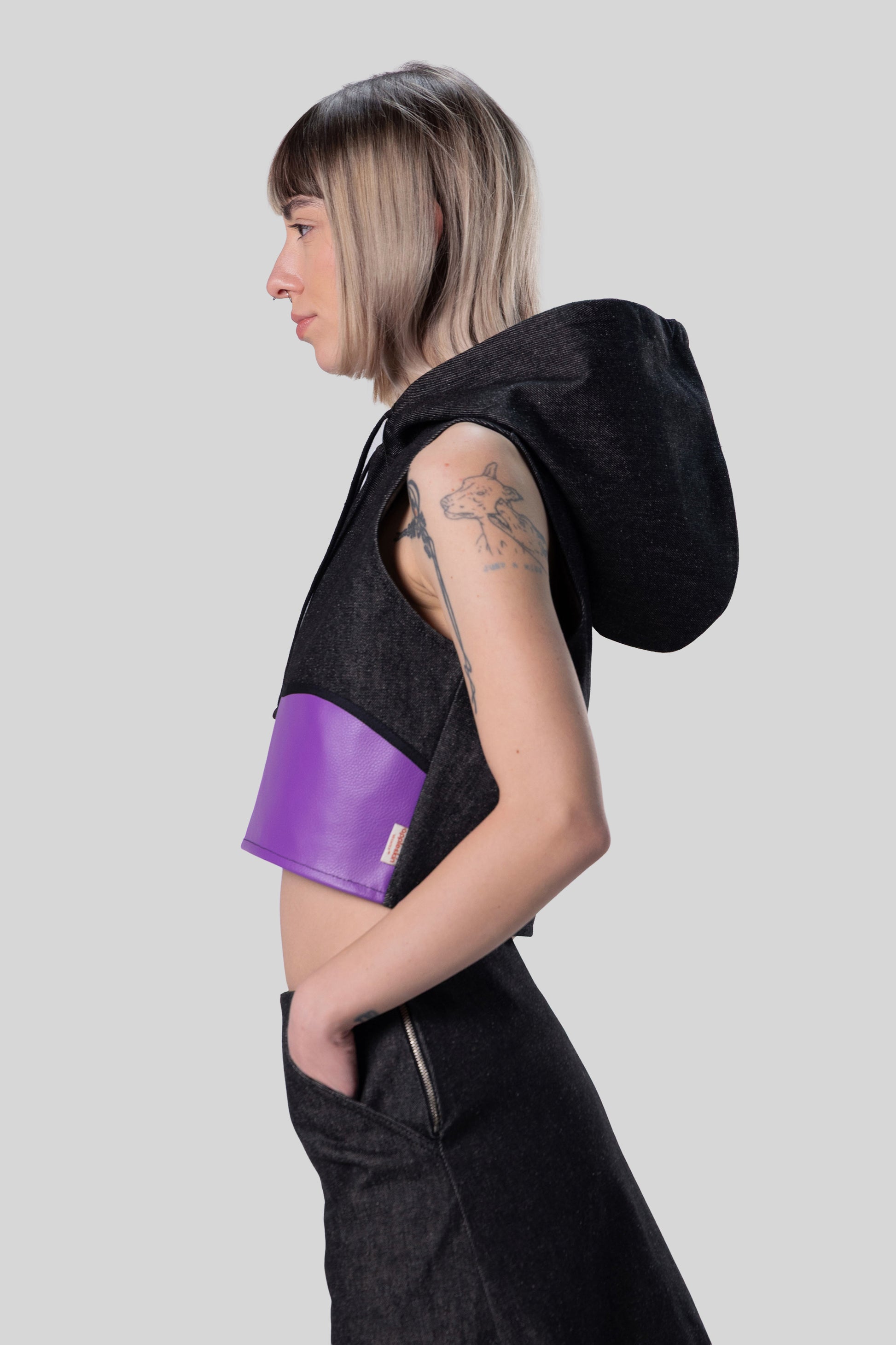Side profile of Venom hood with cropped fit and hood